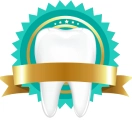 Gold ribbon wrapped around a white tooth in front of a teal starburst badge.